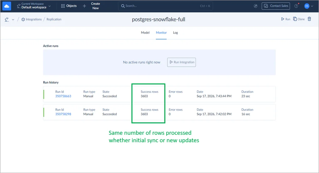 Postgres to Snowflake full load Monitor Log in Skyvia