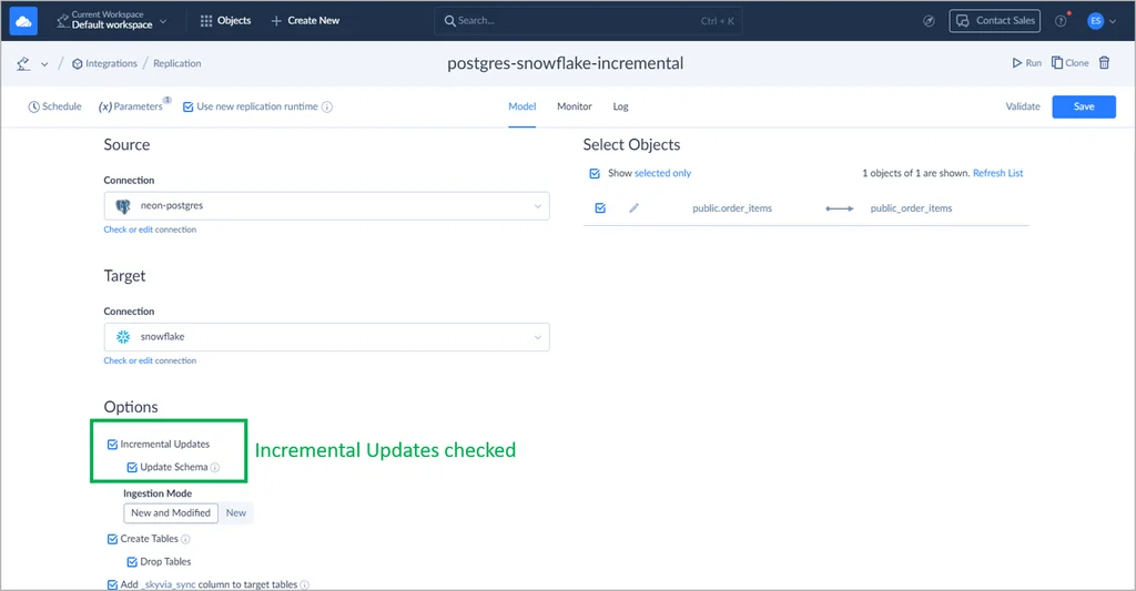 Postgres to Snowflake Replication in Skyvia - incremental update