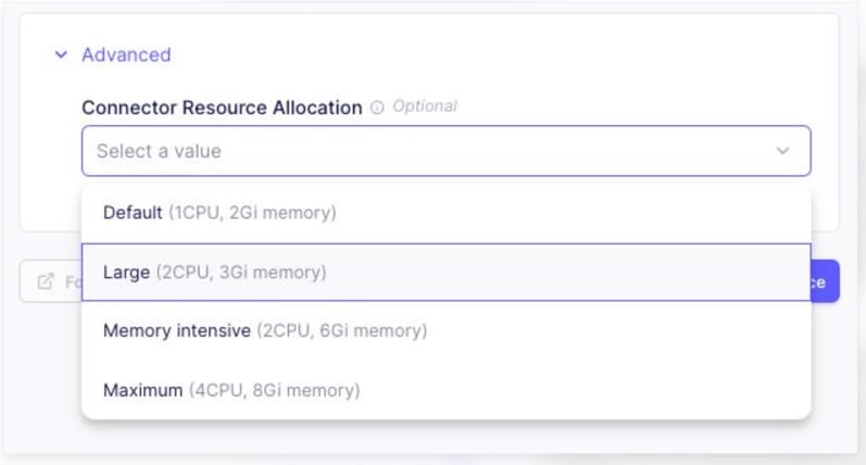 Airbyte connector resource allocation settings for CPU and memory
