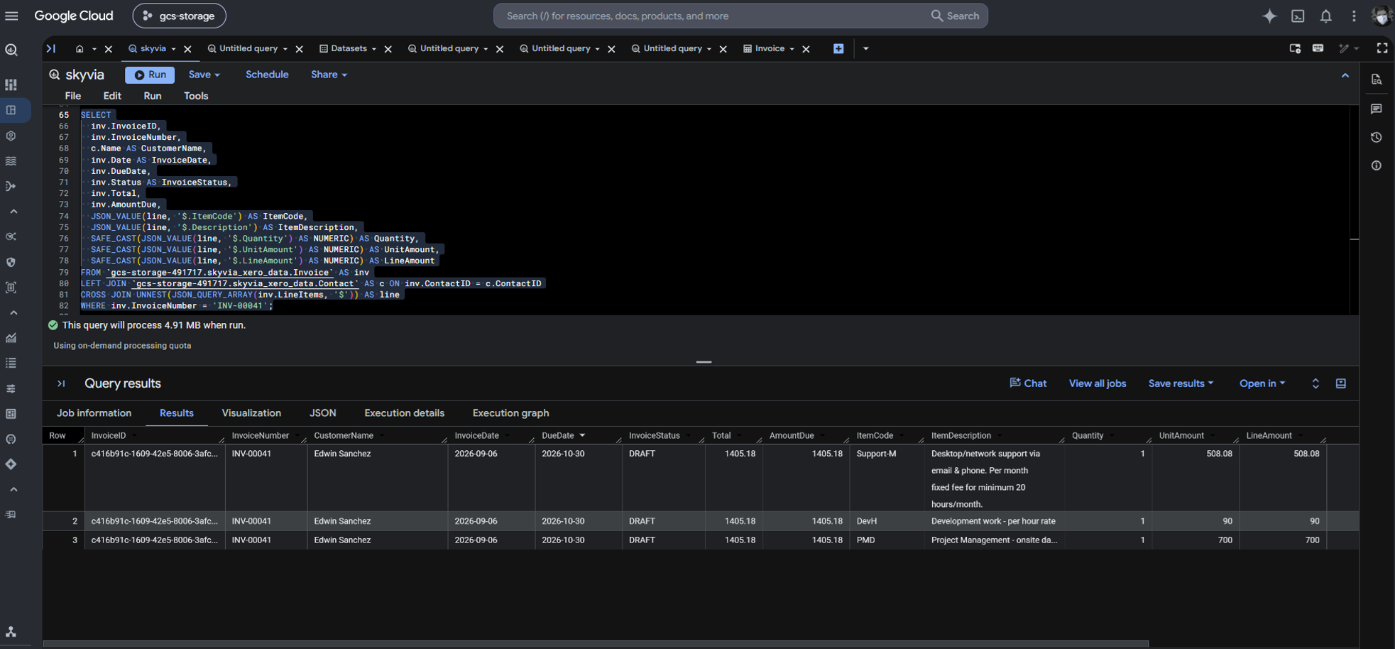 A sample query to flatten JSON data in BigQuery and the result set.
