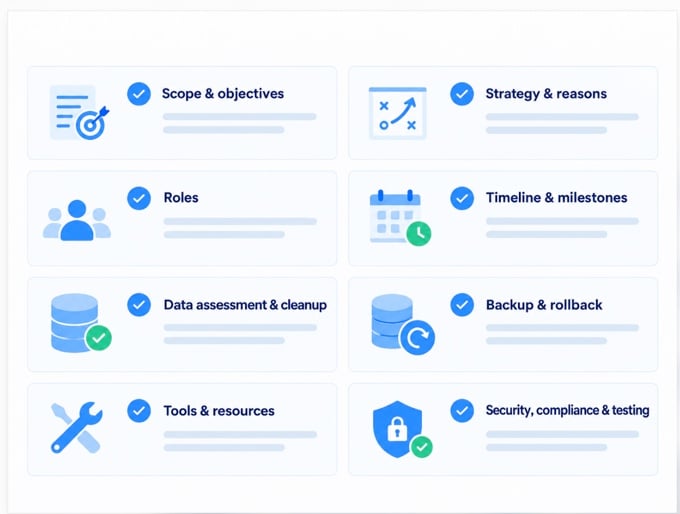 Data migration strategy document checklist: scope, roles, timeline, cleanup, rollback, security, compliance, testing
