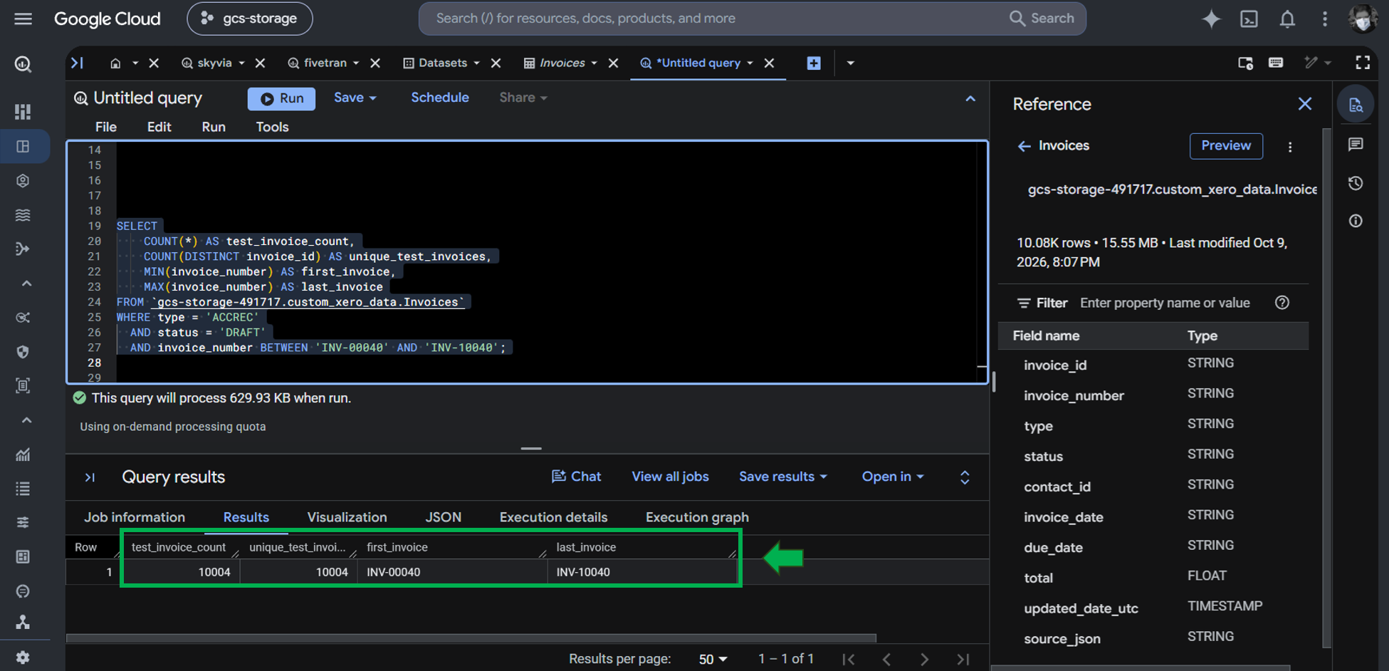 Checking the 10,000+ invoices loaded to BigQuery using the custom Python code.