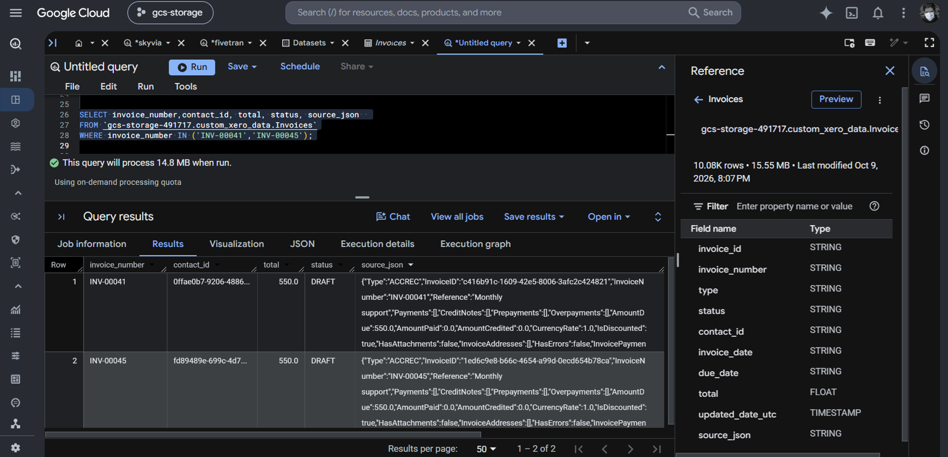 Inspecting column values before editing the 2 test invoices.