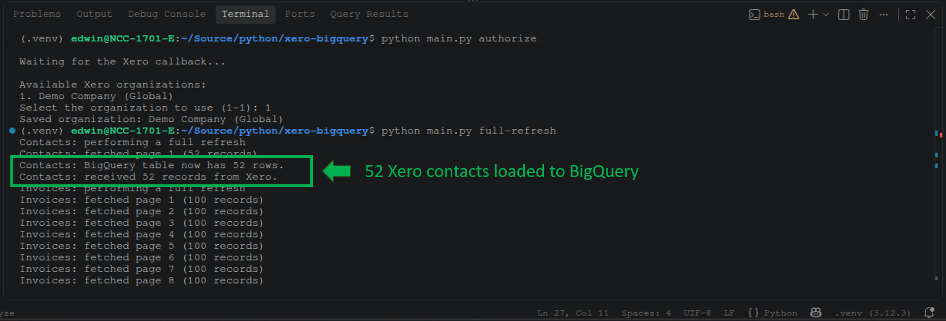 Runtime logs showing 52 Xero contacts uploaded to BigQuery.