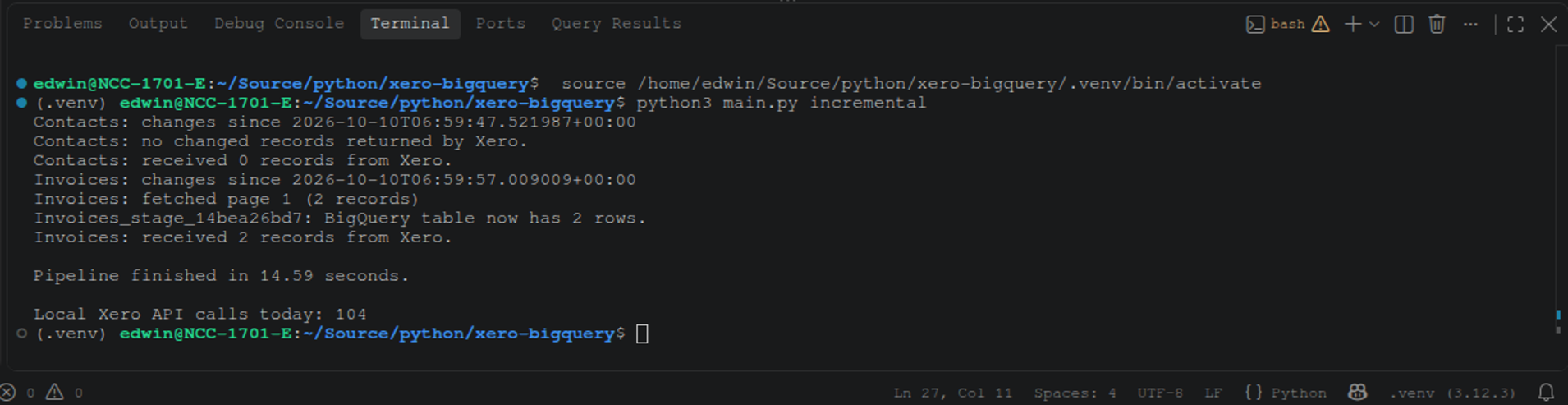 Incremental runtime results showing the 2 updated Xero invoices using the custom Python code.