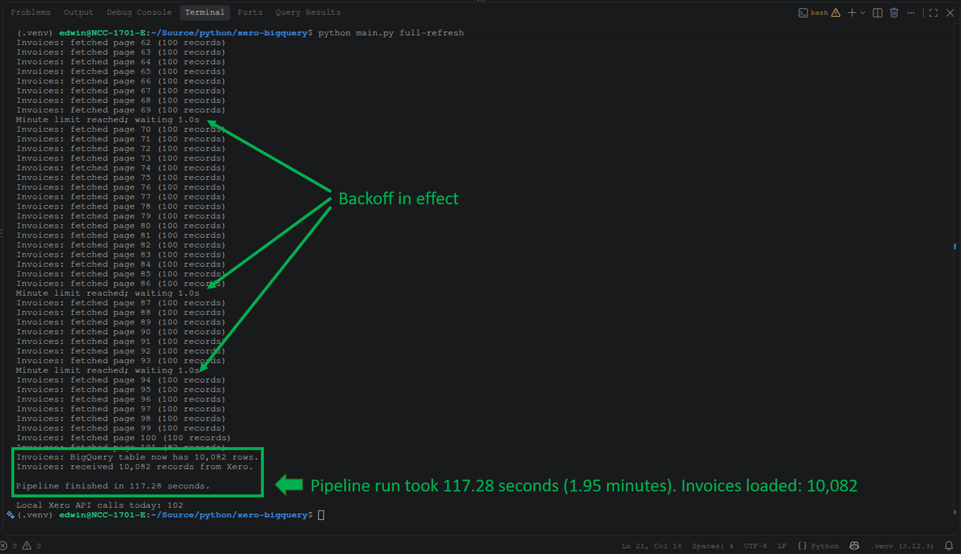 Custom Python pipeline log: 10,082 Xero invoices loaded to BigQuery in 117 seconds, with minute-limit backoff
