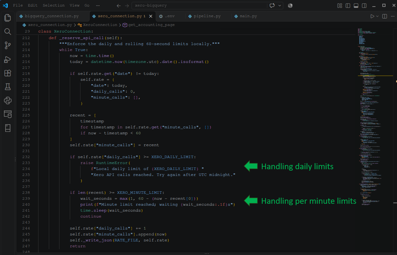 The portion of the Python code that handles Xero daily and per minute API limits.