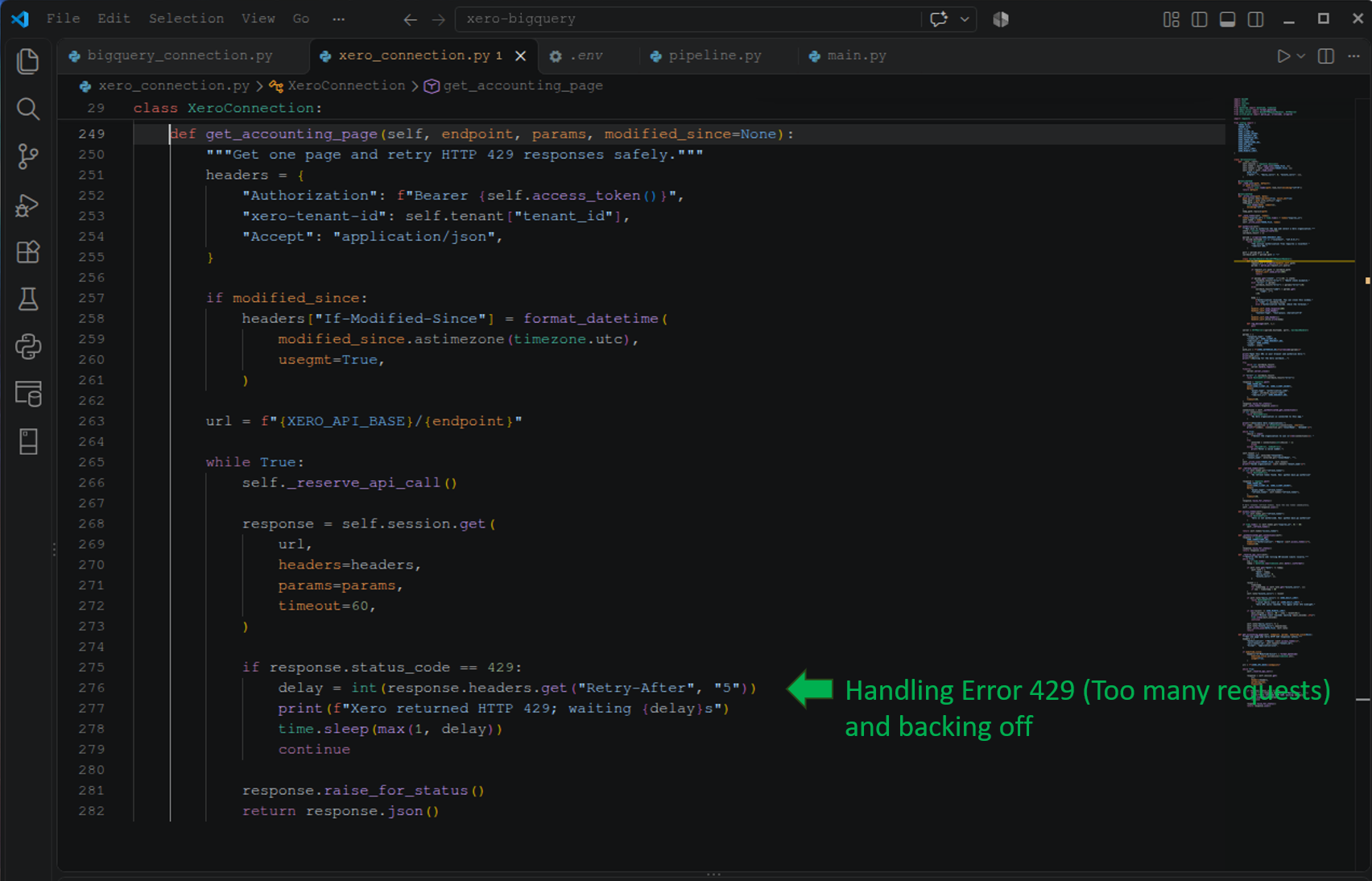 The portion of the Python code that handles error 429 and then backing off with a delay.