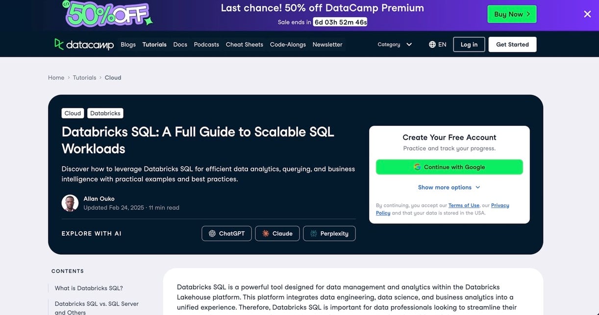 DataCamp guide to Databricks SQL covering scalable SQL workloads, analytics, querying, and business intelligence.