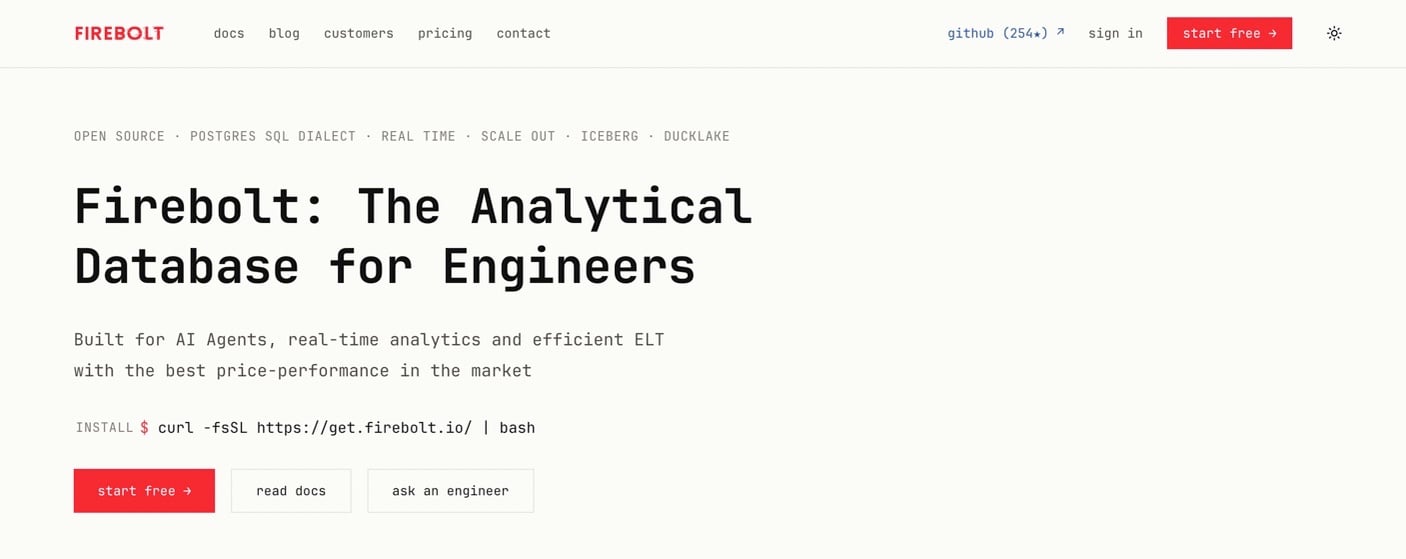 Firebolt homepage highlighting its open-source analytical database for engineers, real-time analytics, AI agents, and ELT.