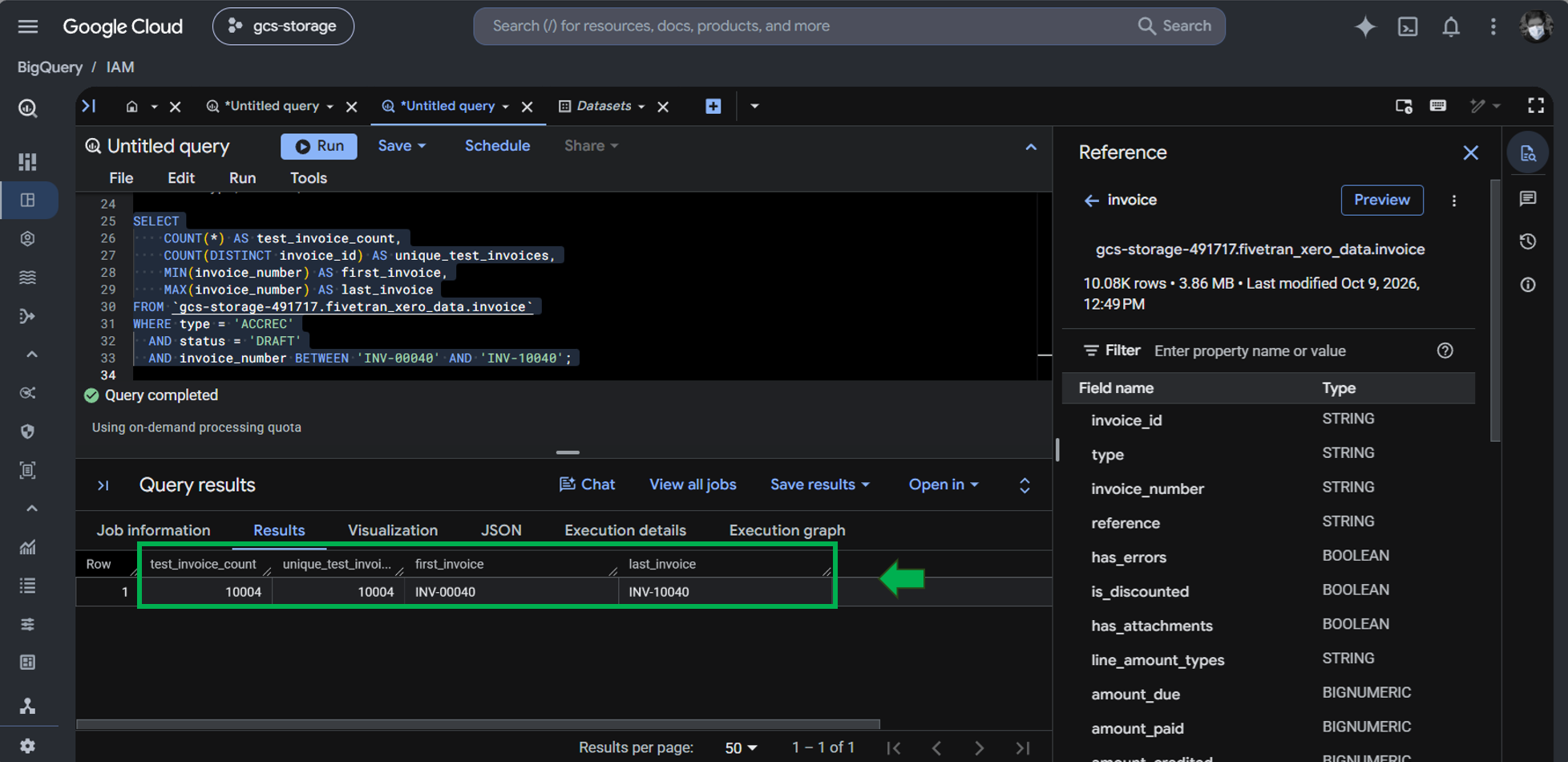 Checking if the 10,000 test invoices have been loaded to BigQuery from the Fivetran pipeline.