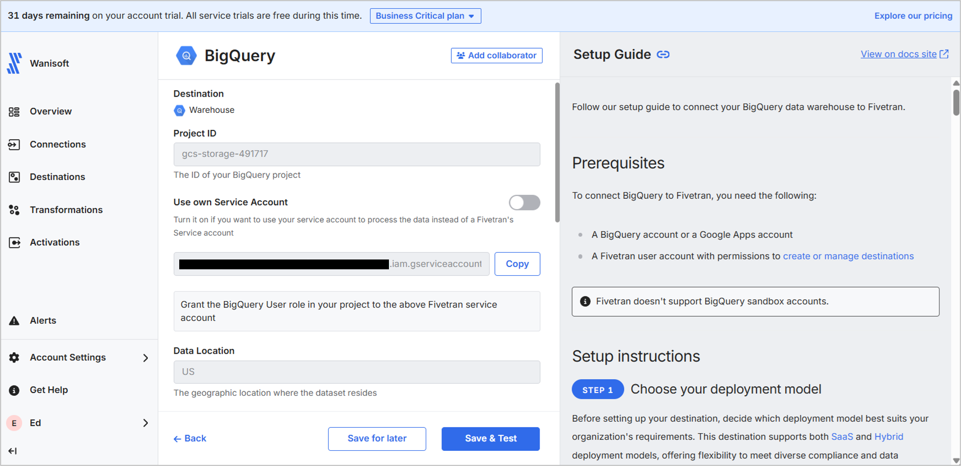 The Fivetran BigQuery connector setup for the Xero to BigQuery integration test.