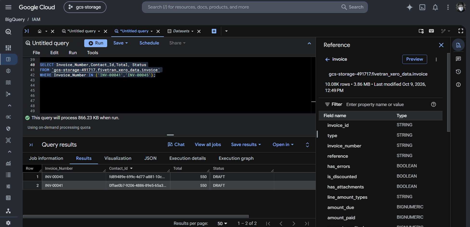 Inspecting some column values for the 2 invoice test case in BigQuery as loaded by the Fivetran pipeline.