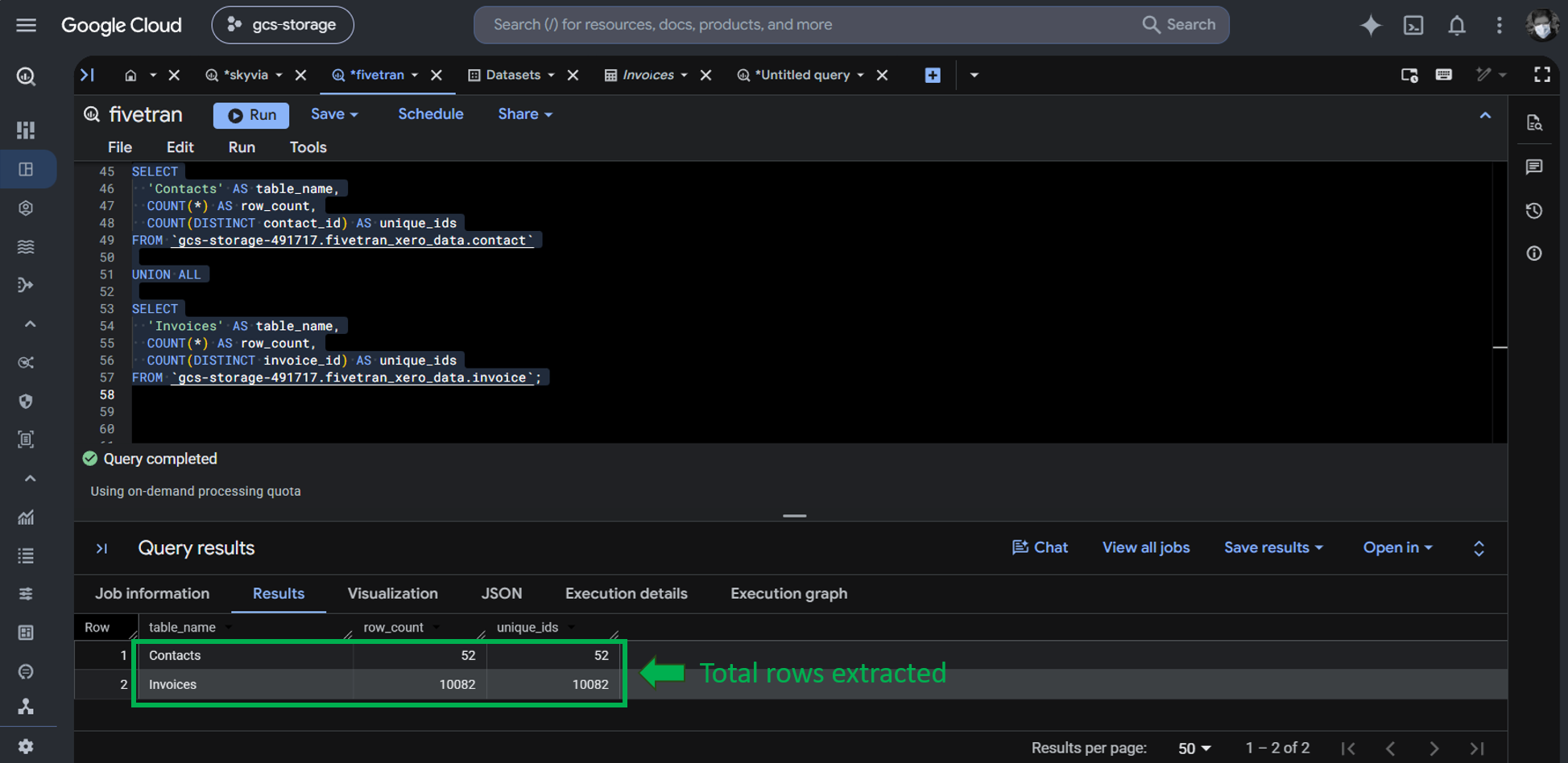 Checking the row counts in BigQuery after the initial sync in Fivetran.