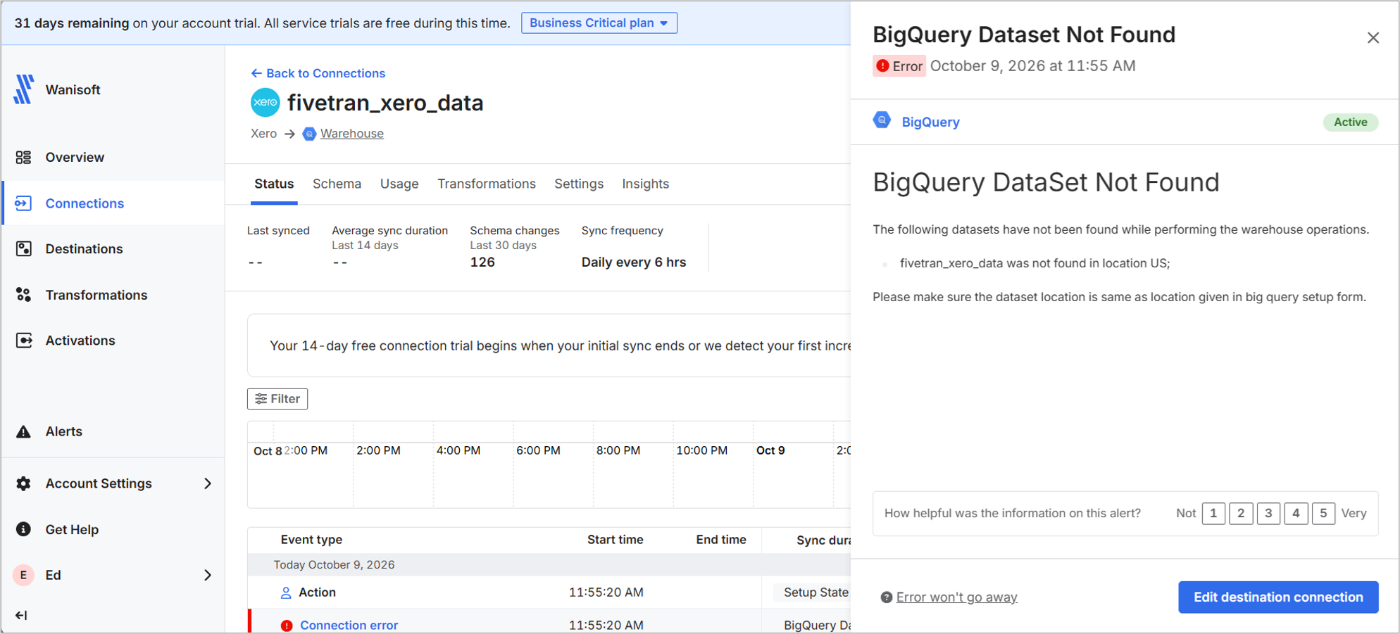 An error occurred during the first run of the initial sync in Fivetran. The dataset should be set in the US.