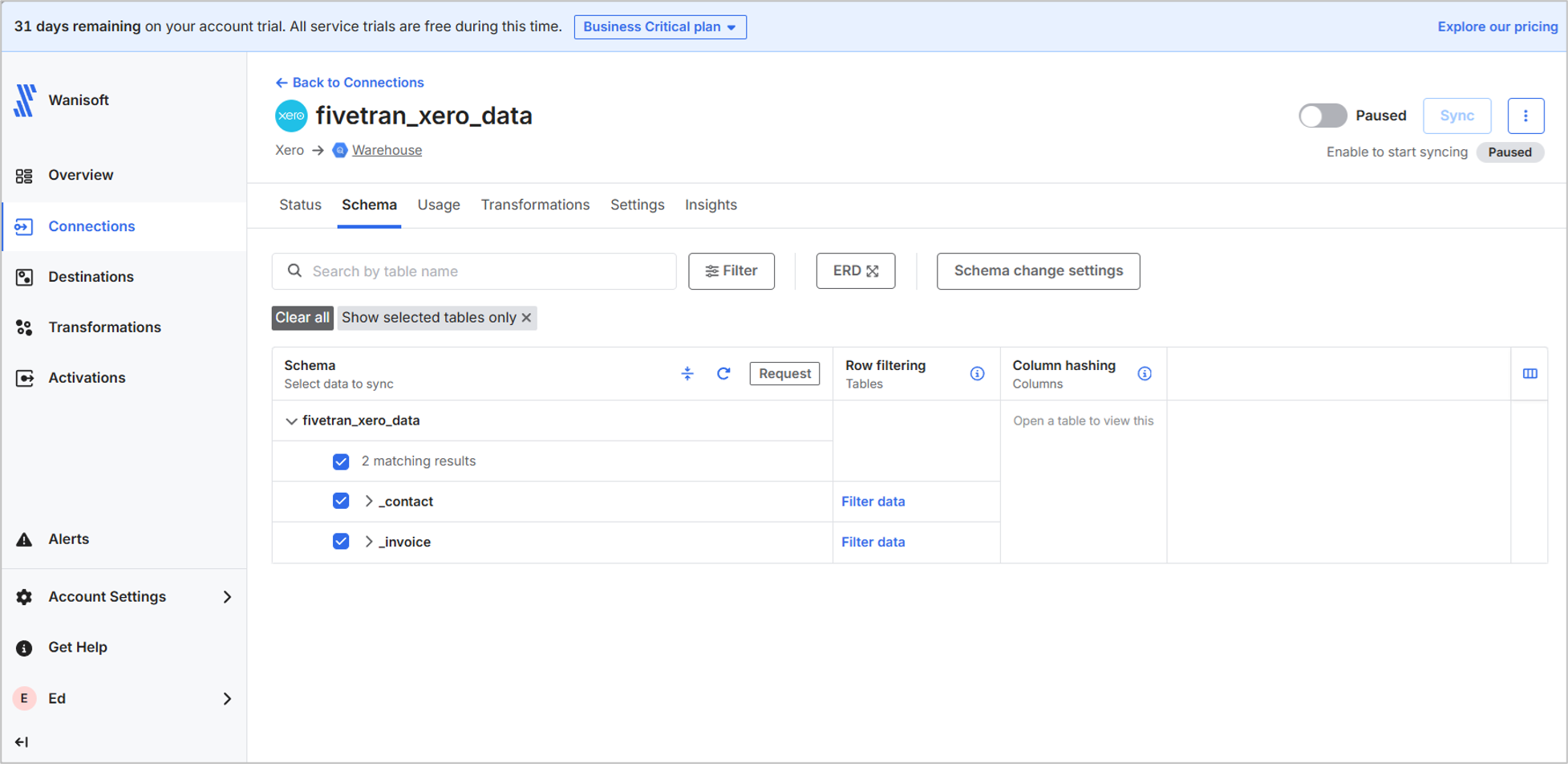 The Fivetran connection integration pipeline for the Xero to BigQuery test. It shows the Contact and Invoice tables selected.