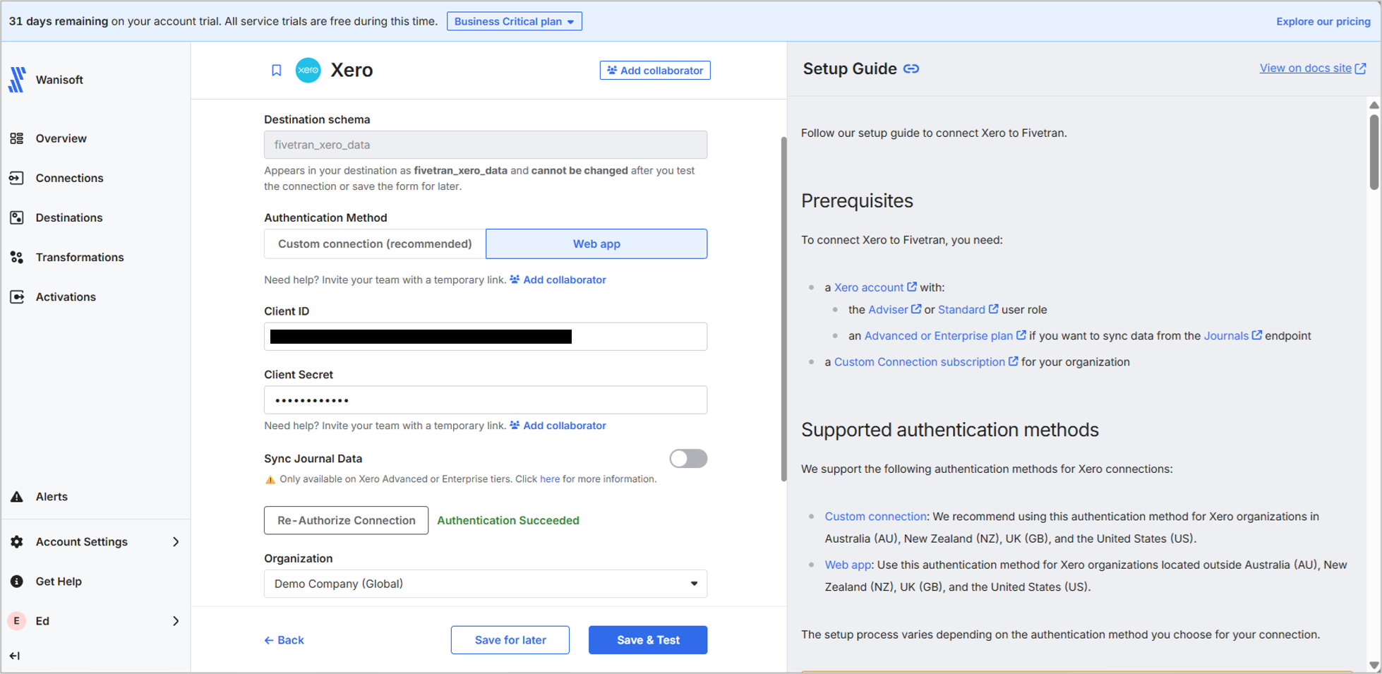 The Fivetran Xero connector setup for the Xero to BigQuery integration test.