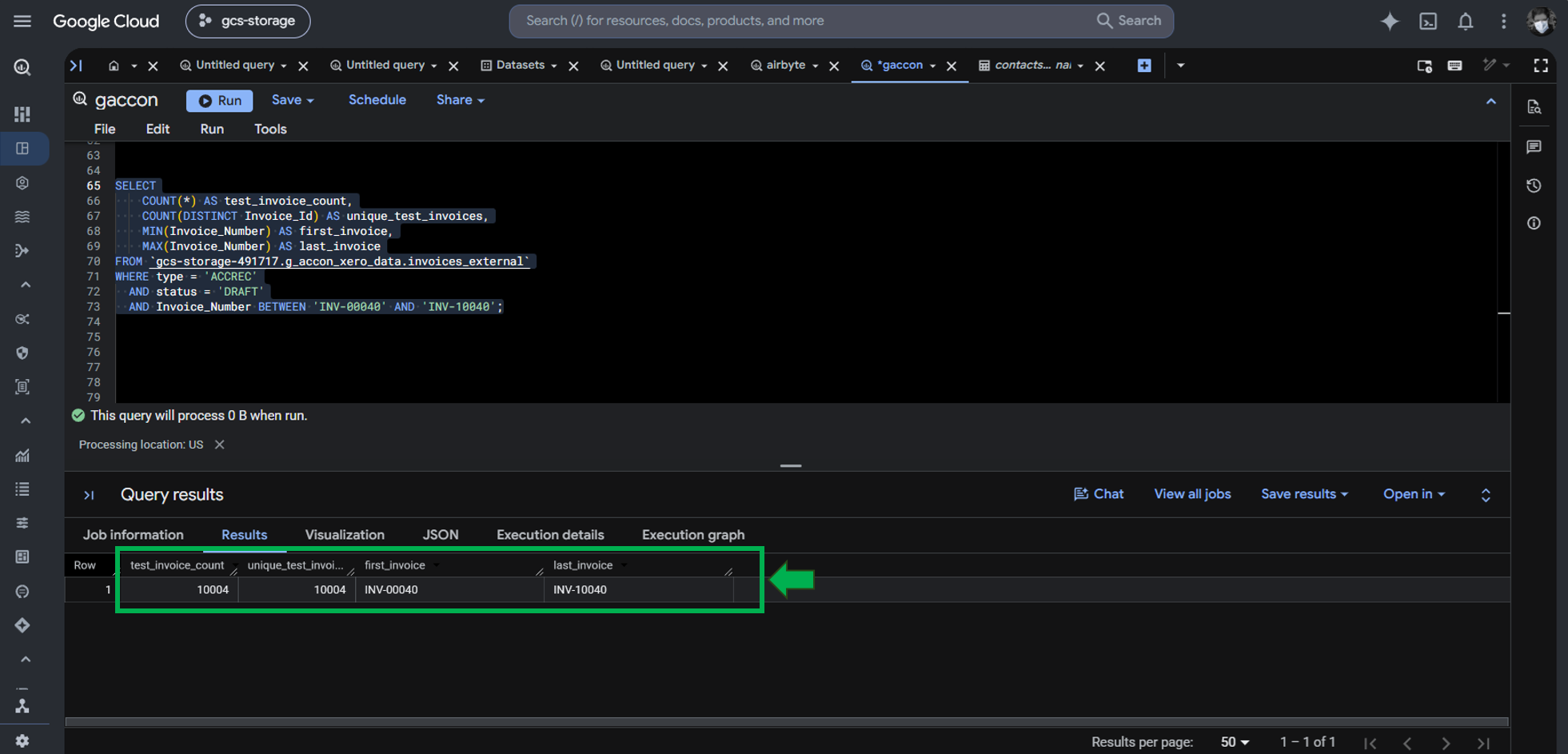 Checking if the 10,000 test invoices are available to BigQuery from the Google Sheet external table.