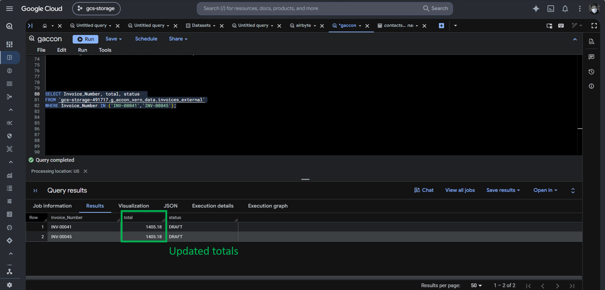 The updated invoice amounts from our 2 invoice test cases.
