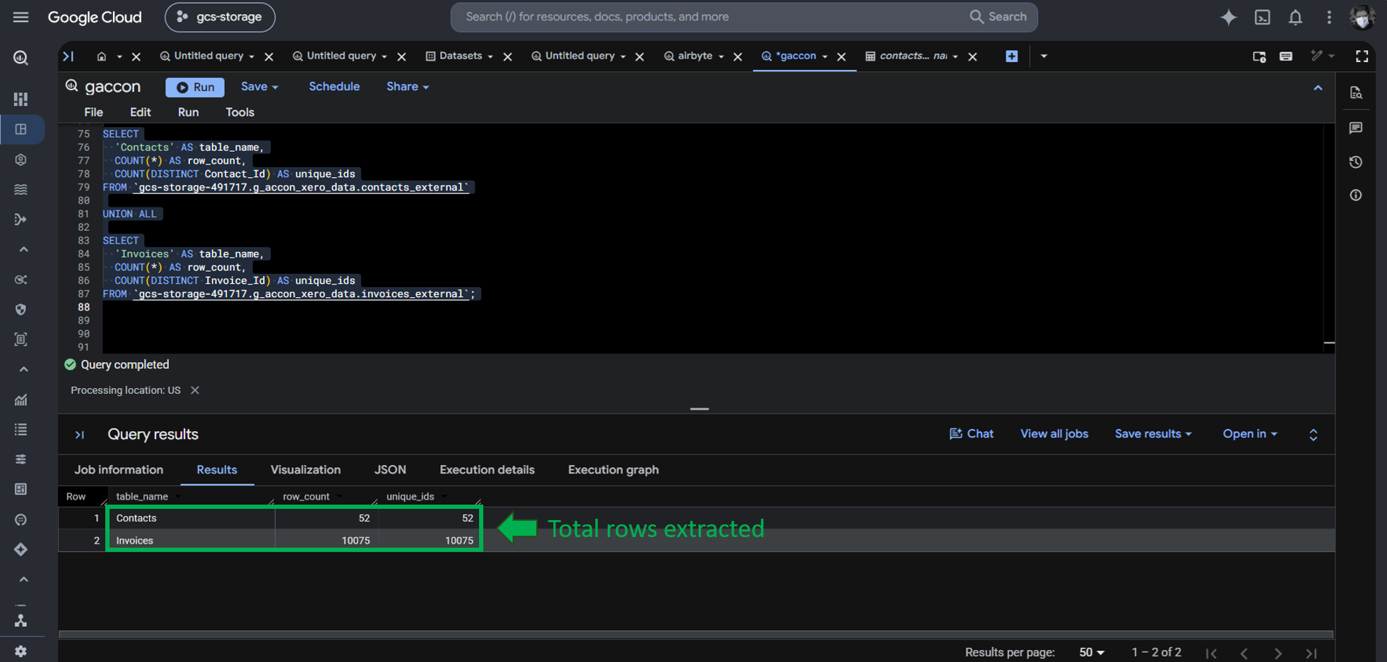 Querying the contacts and invoices external tables for row counts.