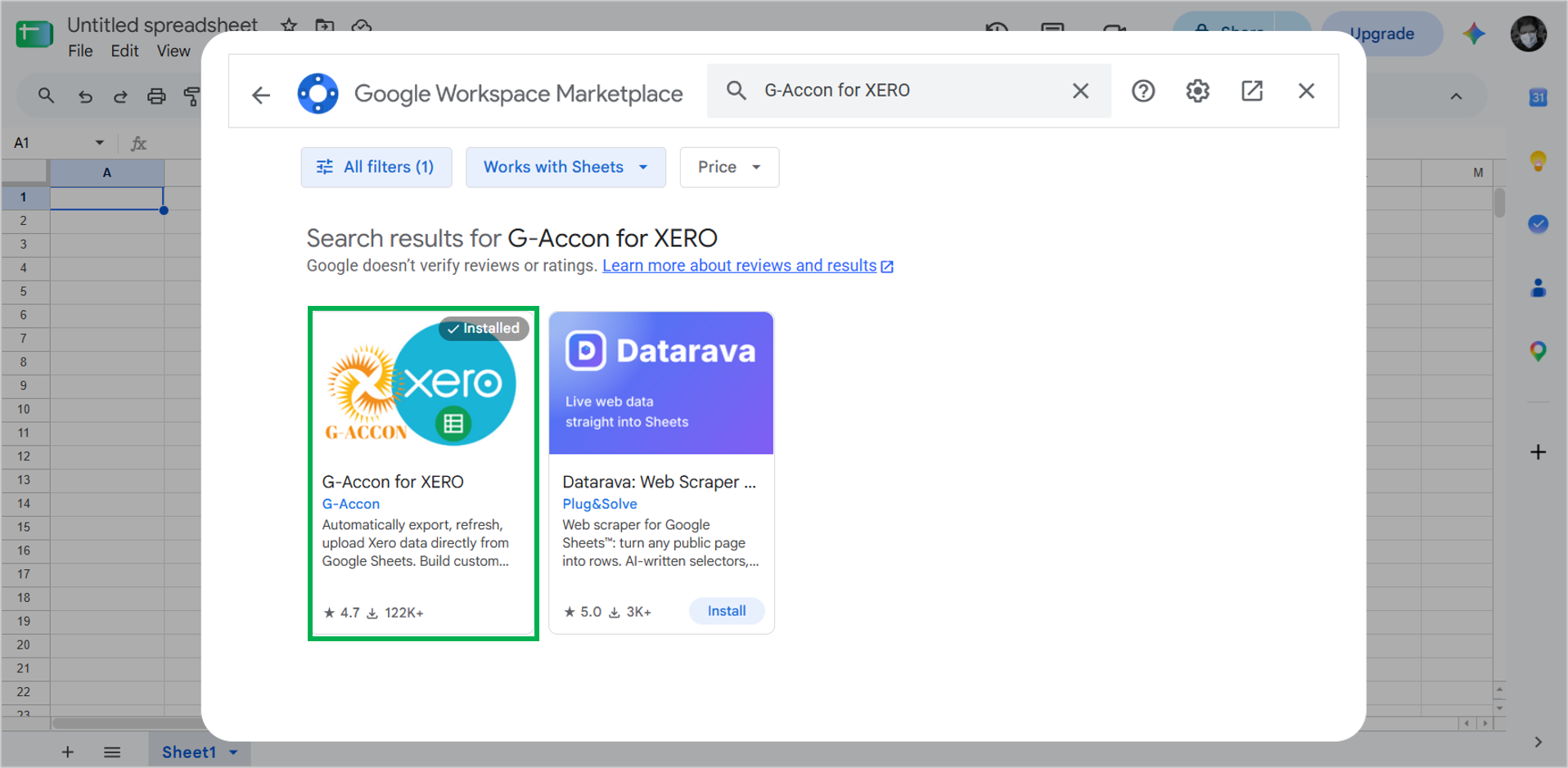 Searching and choosing the G-Accon for Xero Add On in Google Sheets.