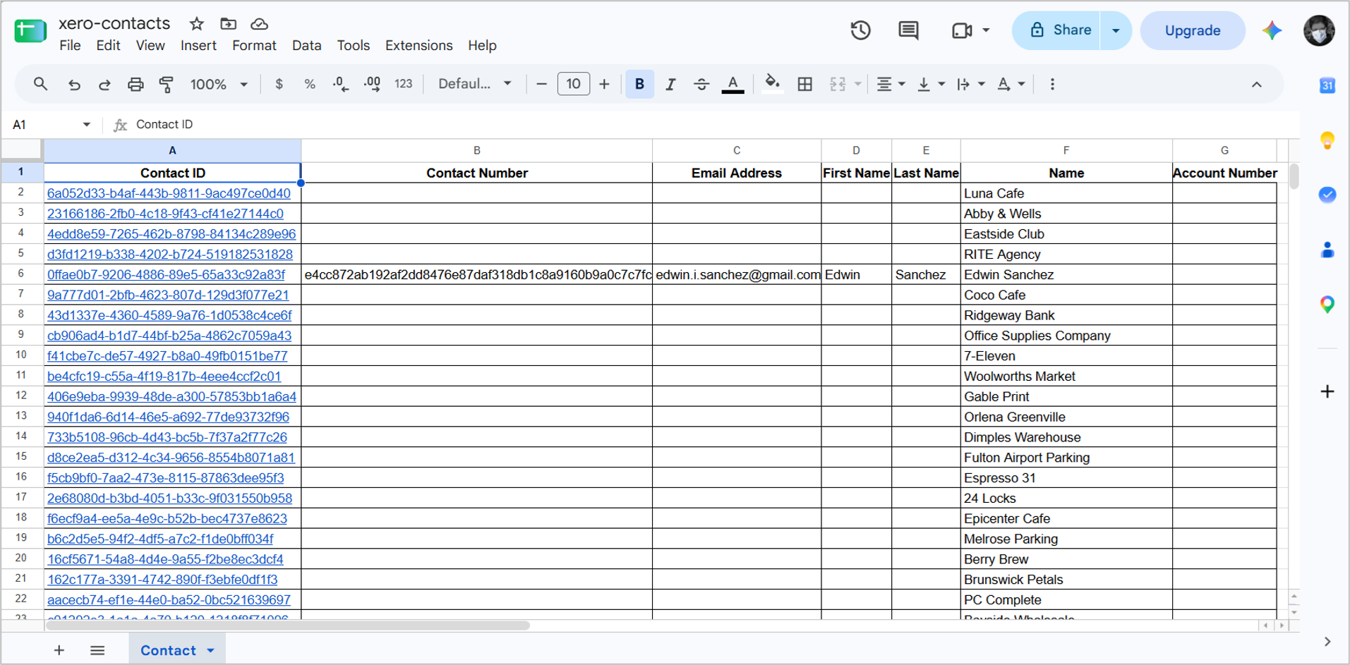 A sample Google Sheet with Xero Contacts.