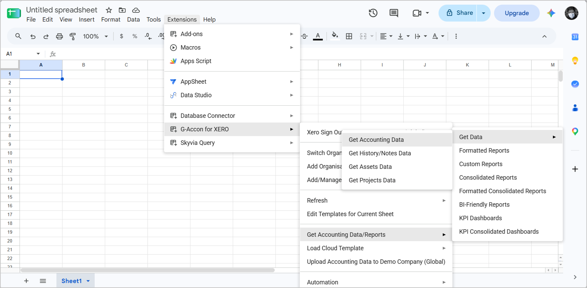 Importing data from Xero to Google Sheets using G-Accon for Xero.