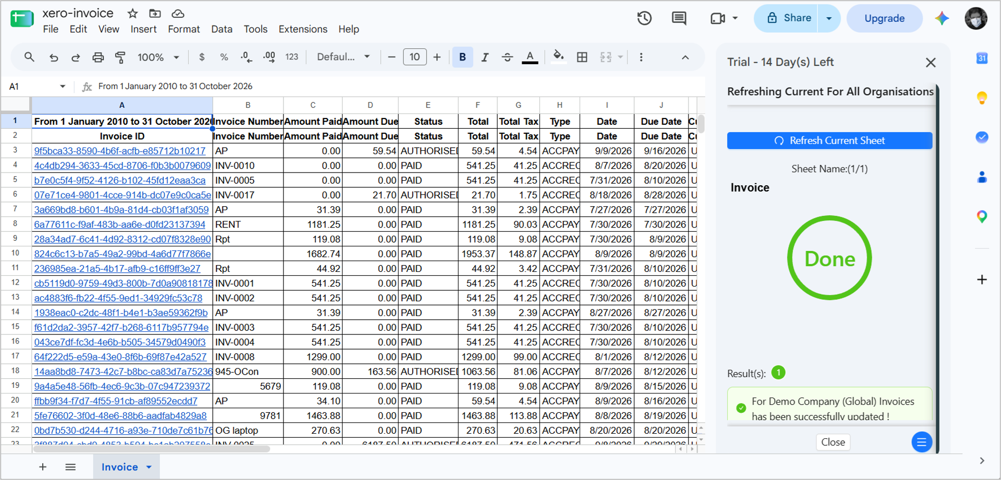 Refreshing Google Sheets for updated Xero invoices.