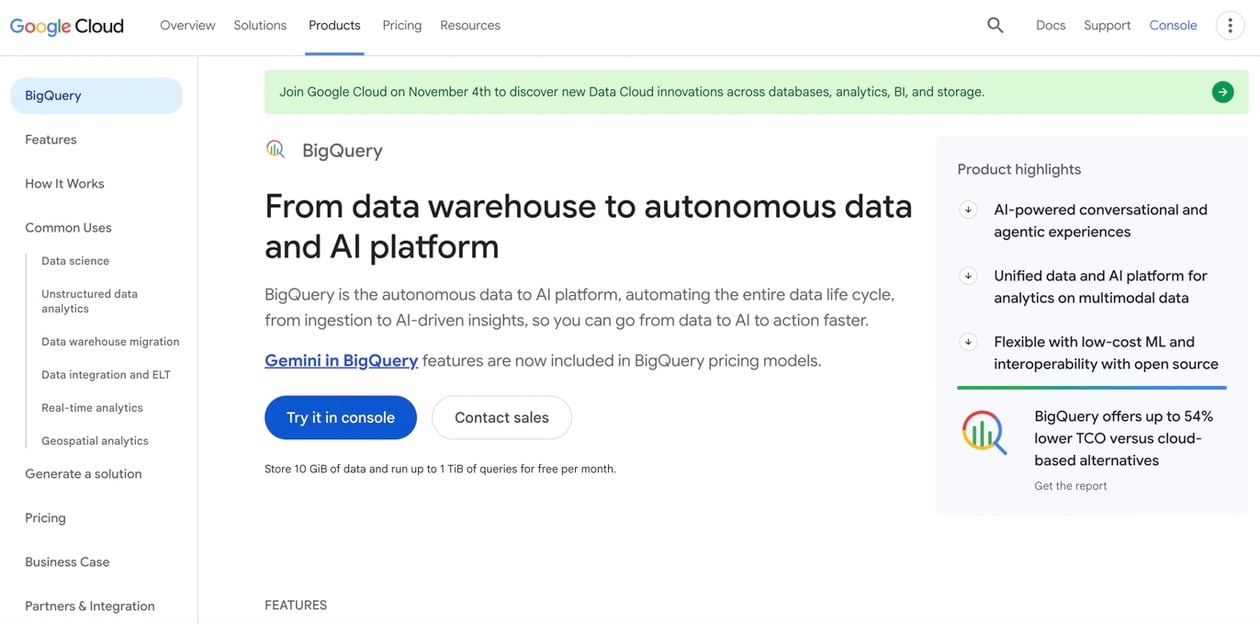 Google BigQuery product page highlighting its data warehouse, AI platform, Gemini features, and built-in analytics.