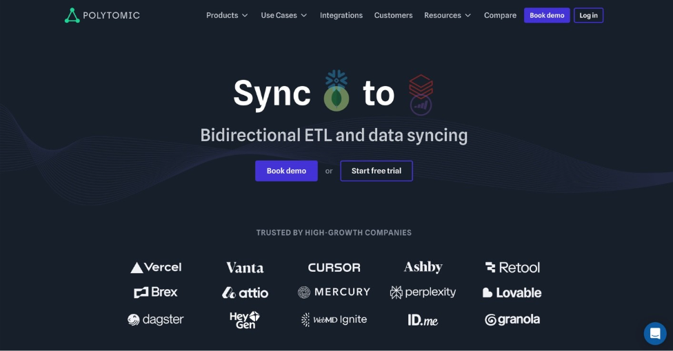 Polytomic homepage highlighting bidirectional ETL and data syncing between warehouses and business tools.
