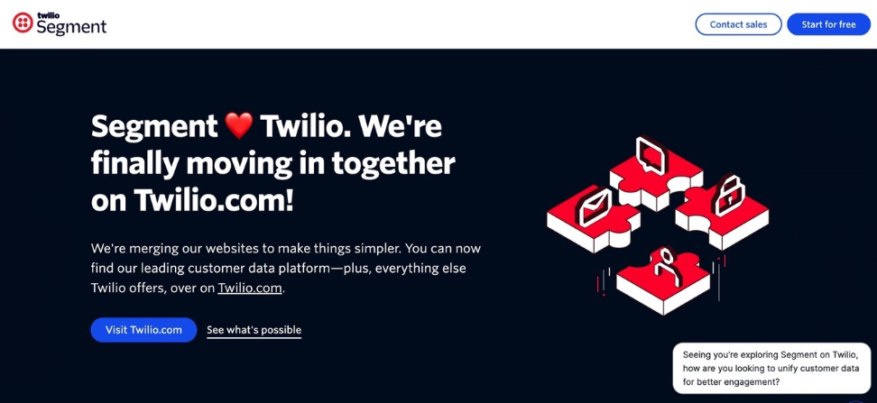 Twilio Segment homepage announcing the move to Twilio.com and highlighting its customer data platform.