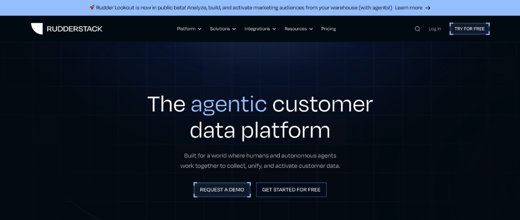 RudderStack homepage highlighting its agentic customer data platform for collecting, unifying, and activating customer data.