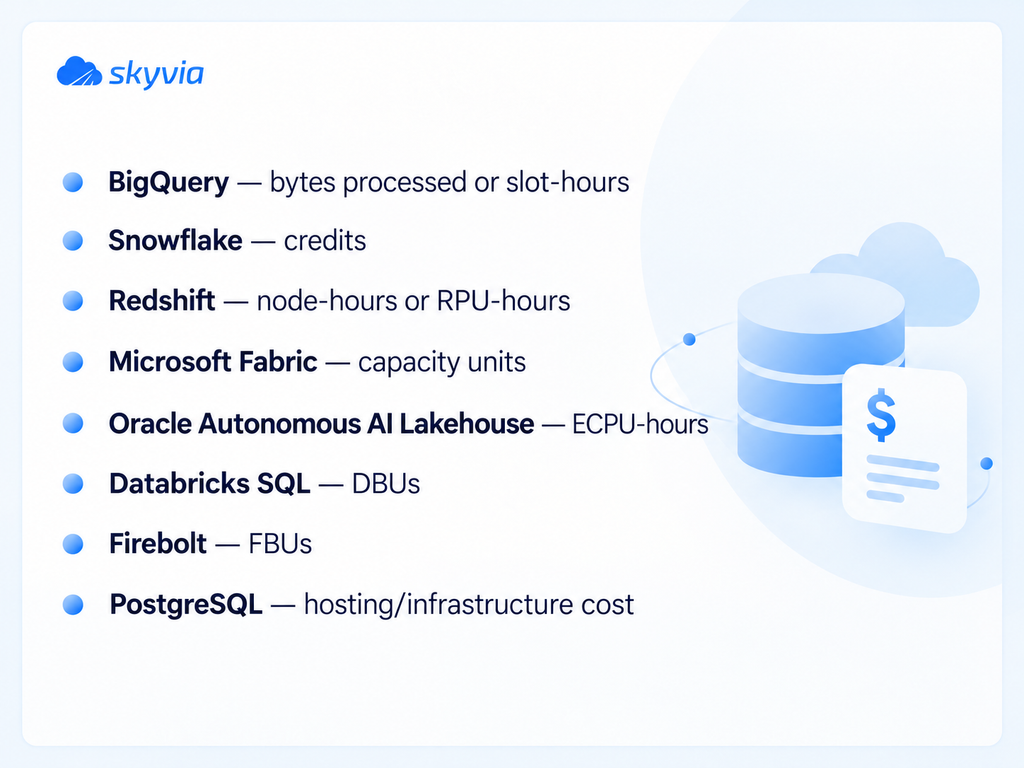 Comparison of common data warehouse pricing units across major platforms, including bytes processed, credits, node-hours, capacity units, ECPU-hours, DBUs, FBUs, and infrastructure cost.