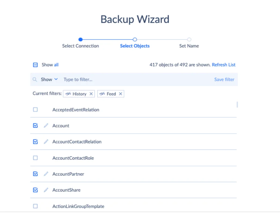 Skyvia Salesforce Backup Select Objects page