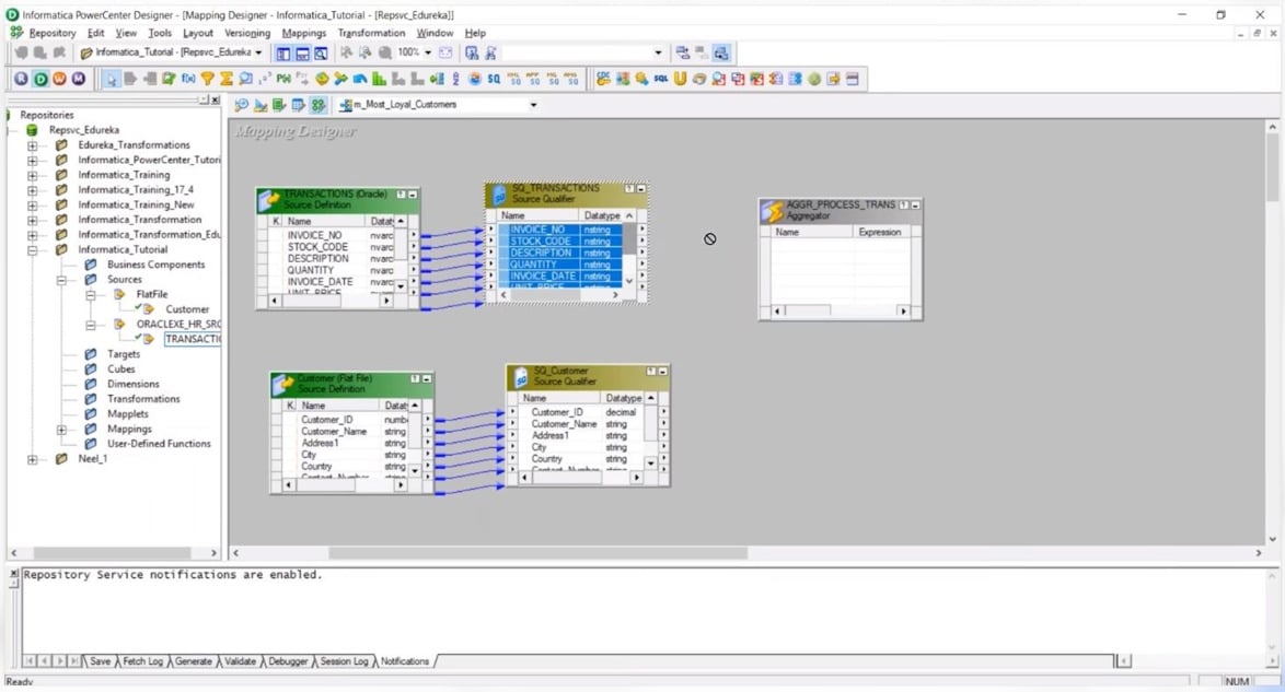 Informatica PowerCenter Mapping Designer showing a data transformation workflow