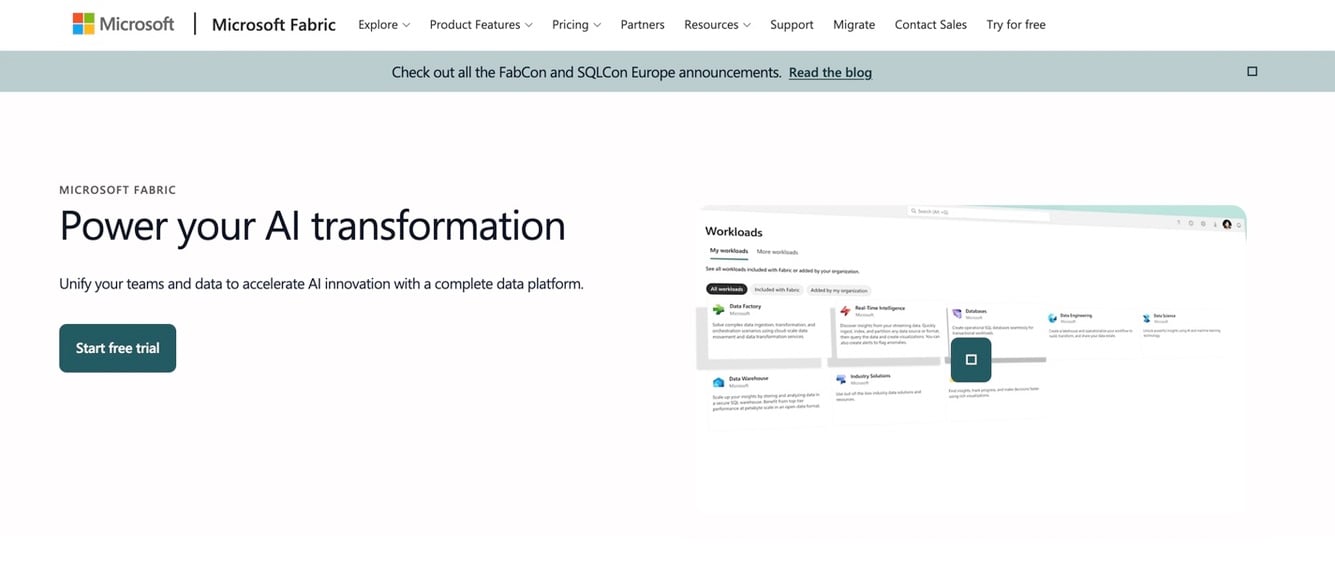 Microsoft Fabric homepage highlighting its unified data platform for AI, analytics, data engineering, and warehousing.
