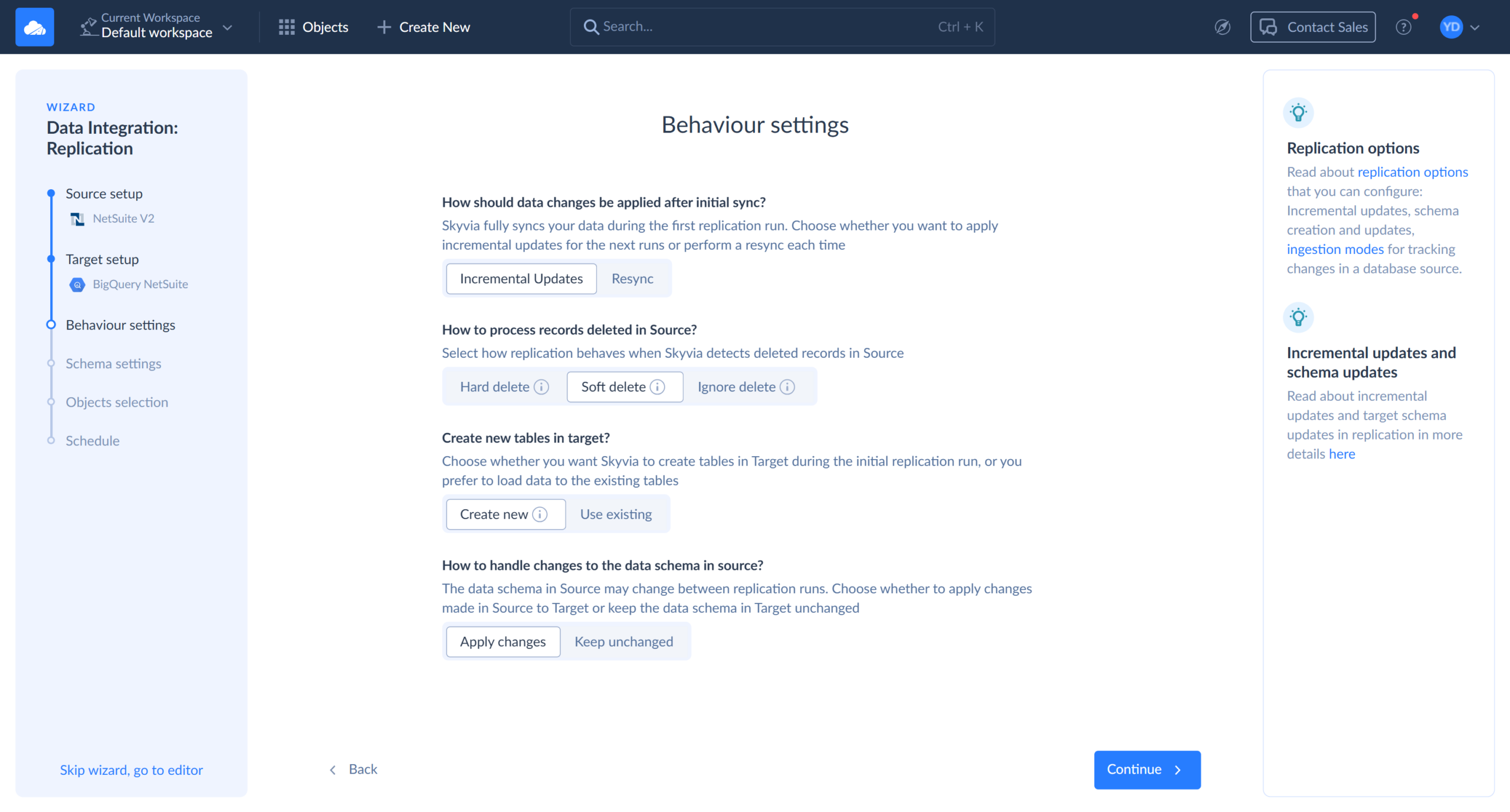 NetSuite to BigQuery Data Replication in Skyvia: Behaviour settings
