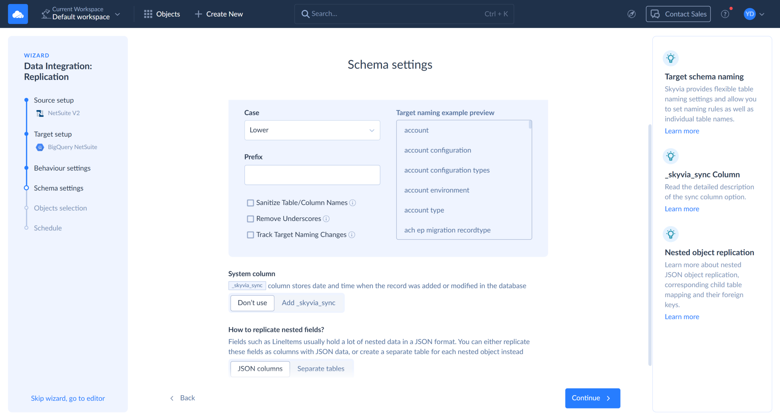 NetSuite to BigQuery Data Replication in Skyvia: Schema settings