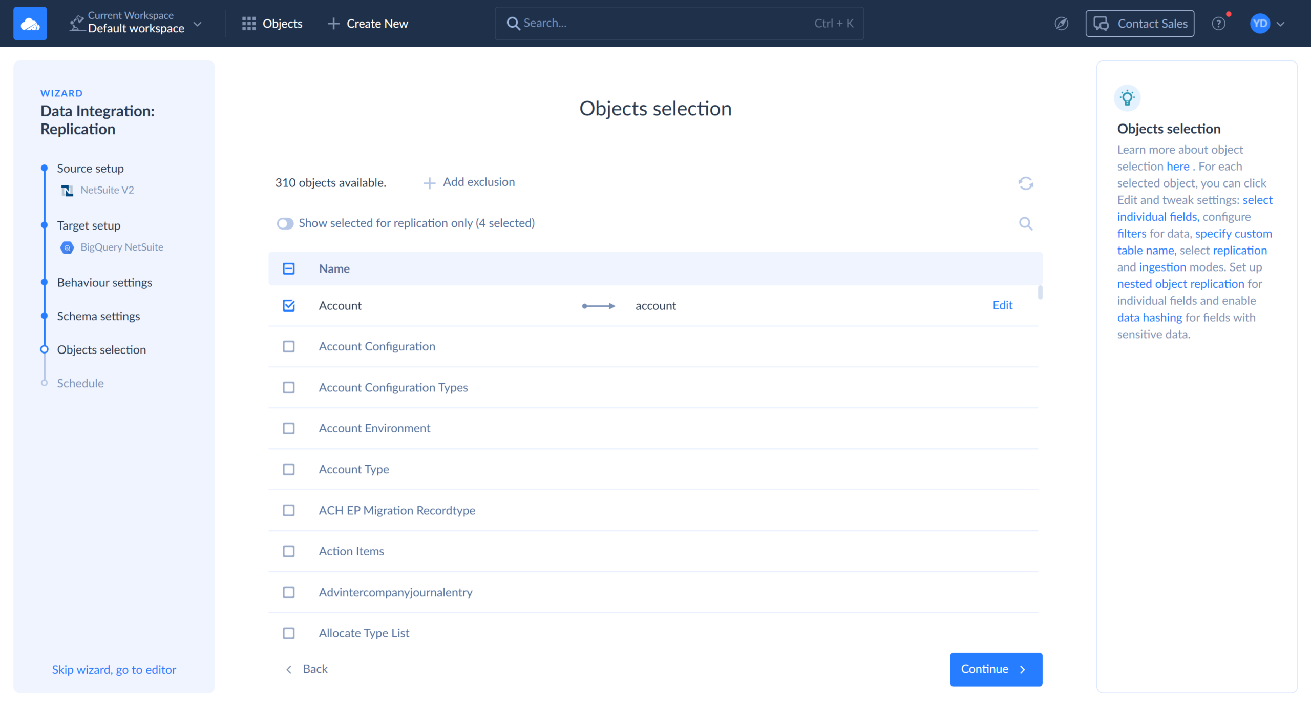 NetSuite to BigQuery Data Replication in Skyvia: Objects selection