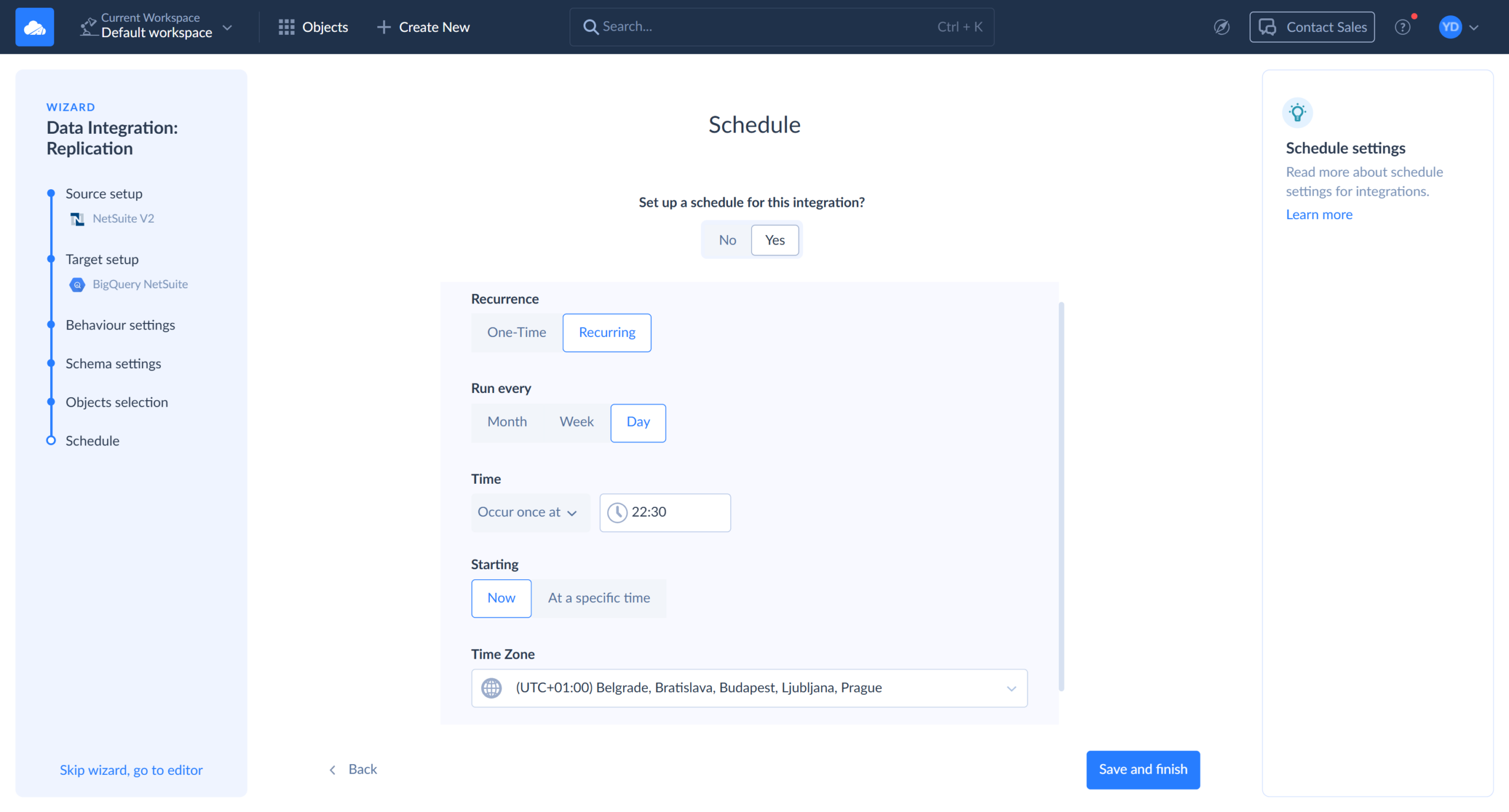 NetSuite to BigQuery Data Replication in Skyvia: Scheduling