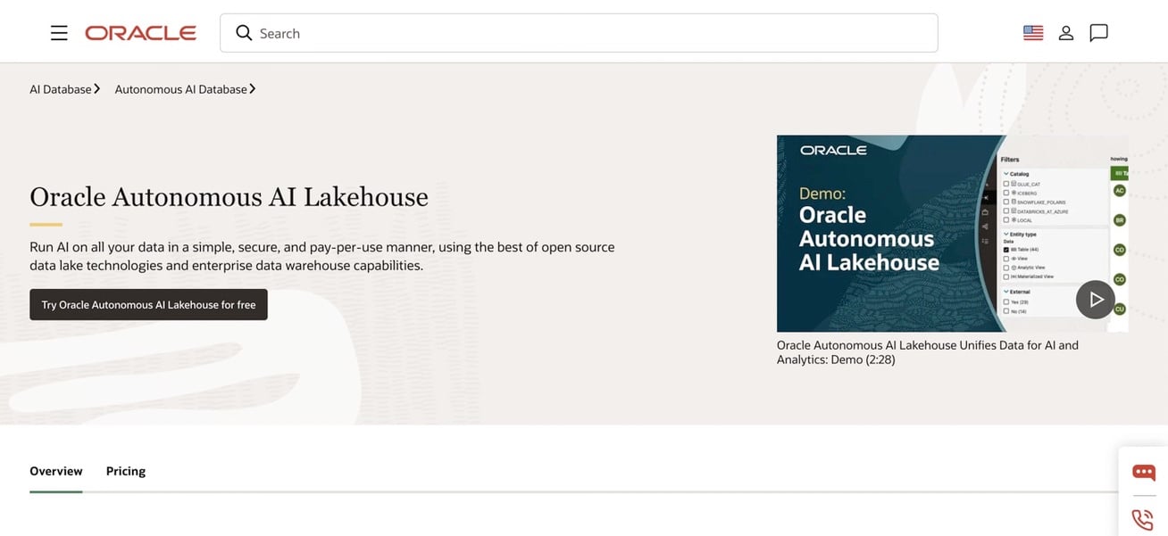 Oracle Autonomous AI Lakehouse homepage highlighting AI across data lake and enterprise data warehouse workloads.