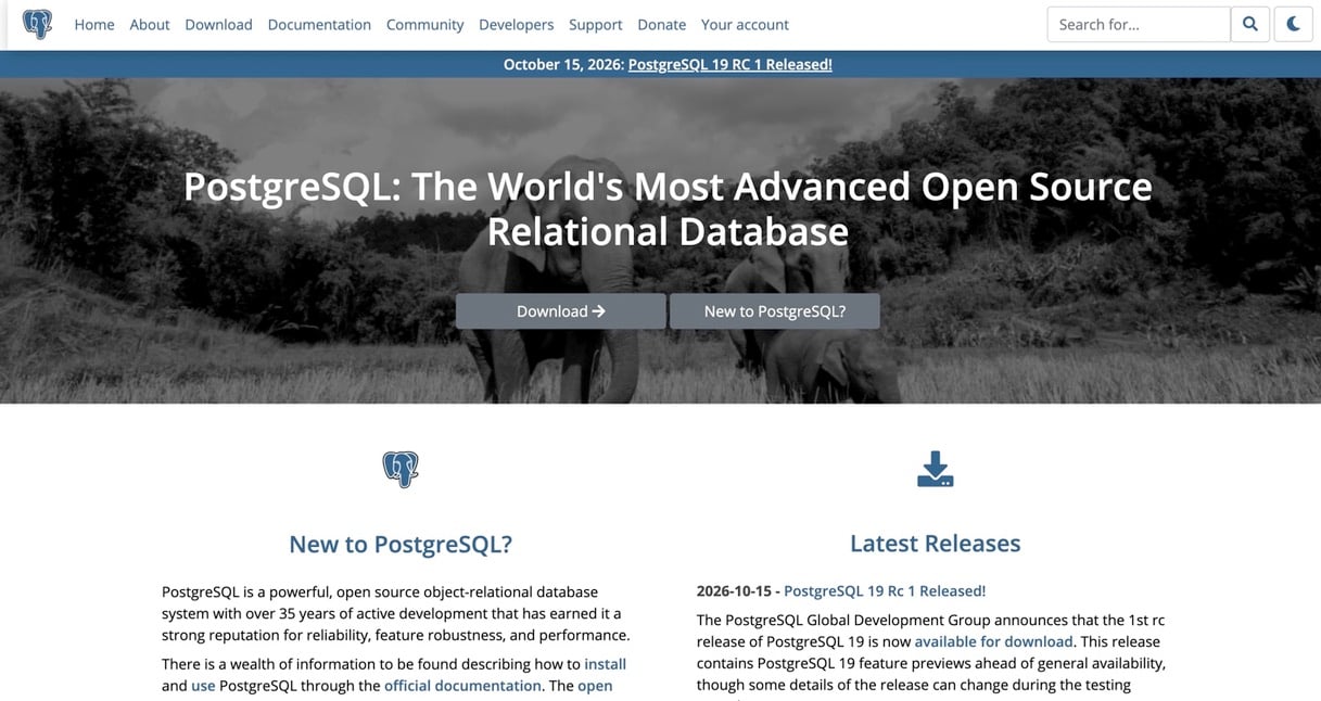 PostgreSQL homepage highlighting its open-source relational database and latest PostgreSQL 19 release.
