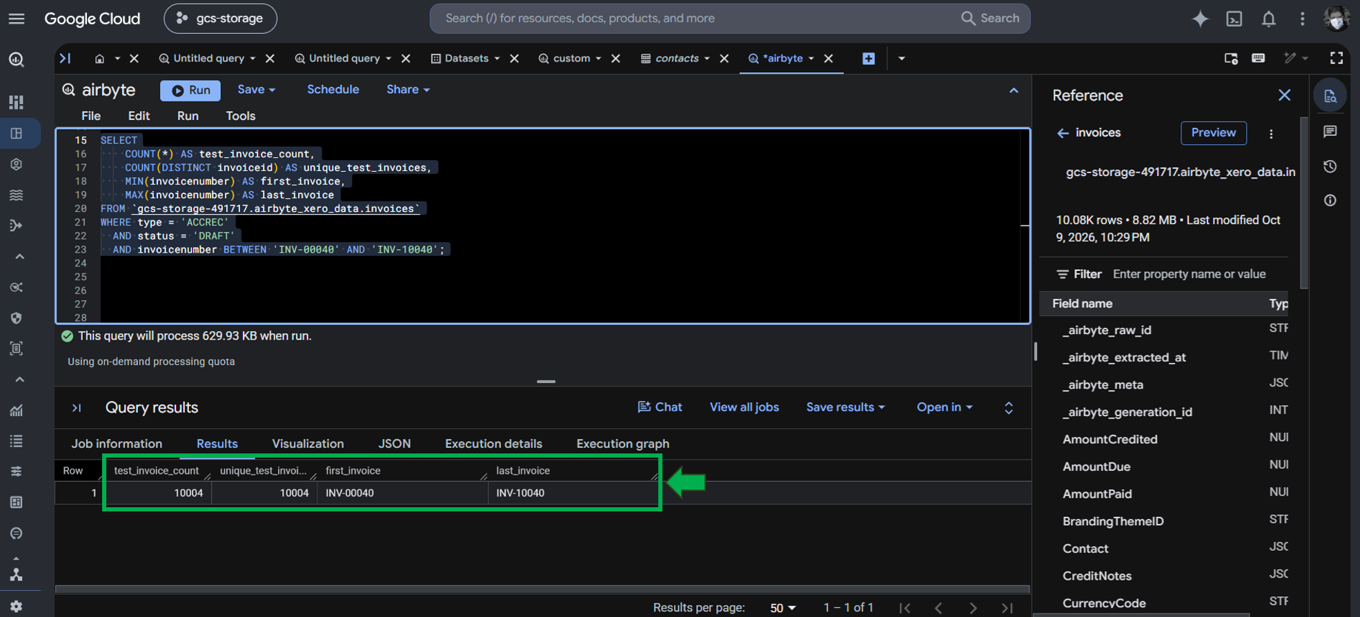 Checking if the 10,000 test invoices have been loaded to BigQuery from the PyAirbyte pipeline.