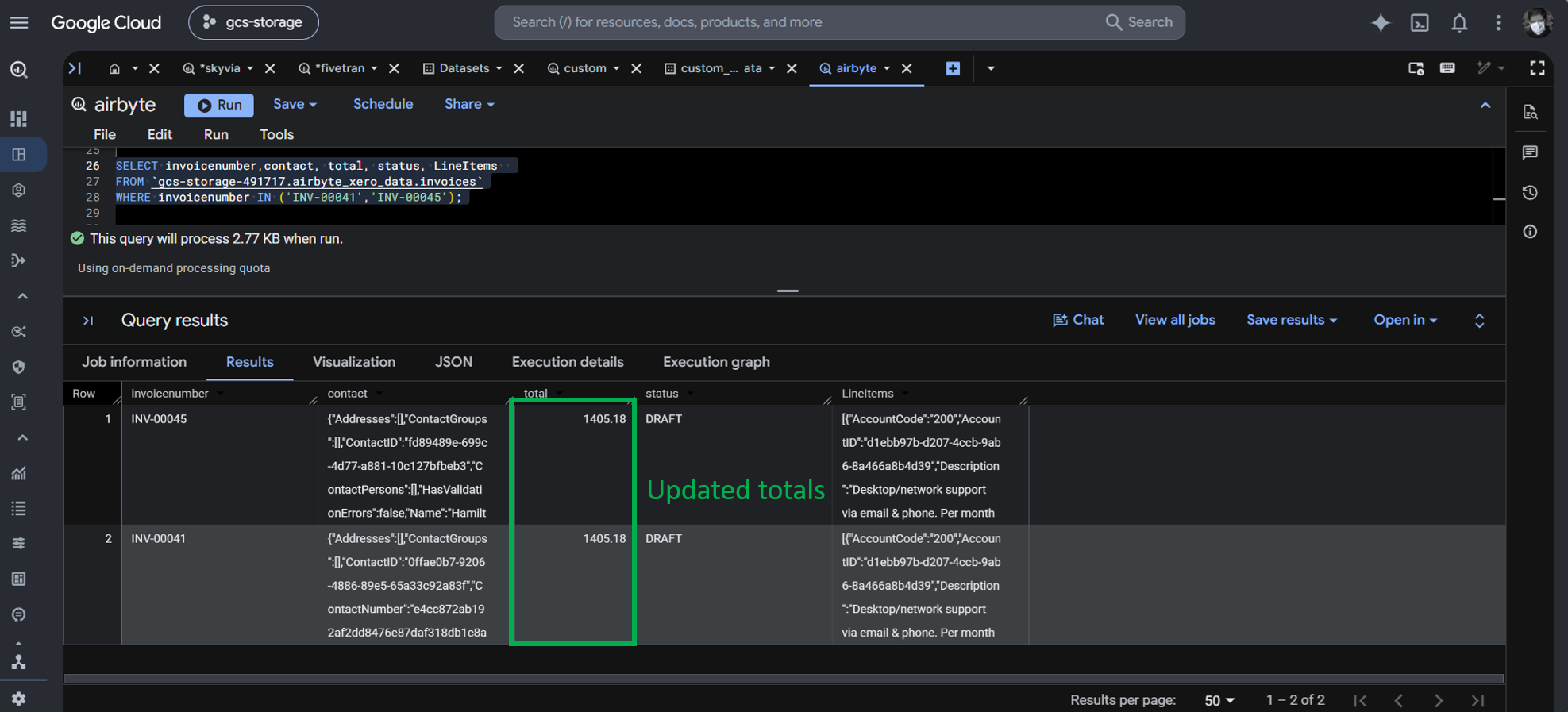 The edited total amount successfully loaded in BigQuery from the PyAirbyte pipeline.