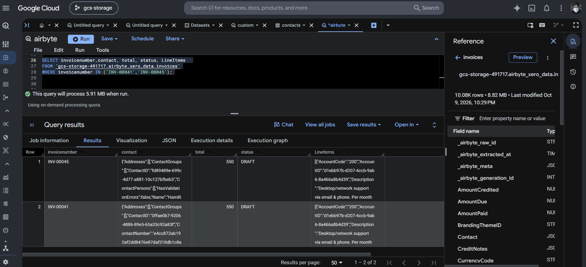 Inspecting some column values for the 2 invoice test case in BigQuery as loaded by the PyAirbyte pipeline.