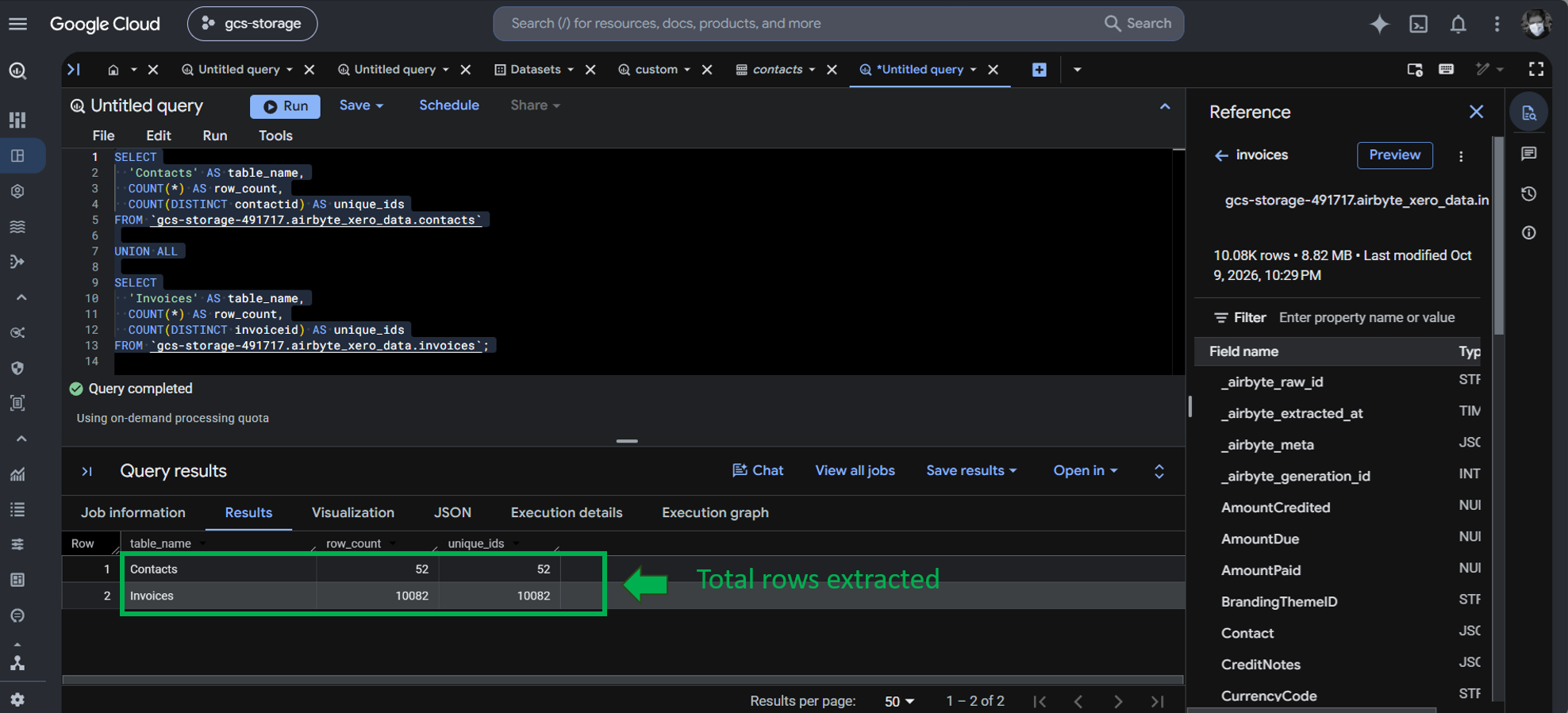 Checking the row counts in BigQuery after the initial sync in PyAirbyte.