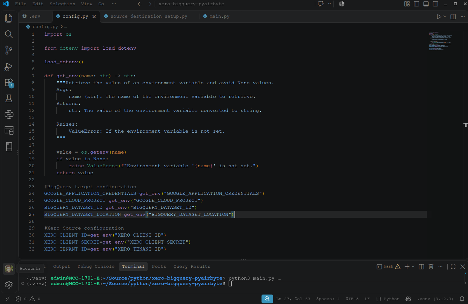 Loading configuration values for Xero and BigQuery connections in PyAirbyte.