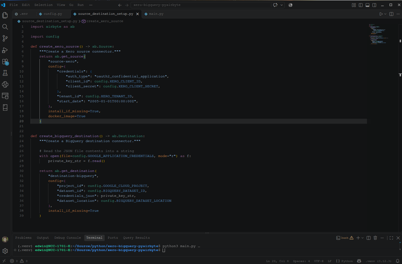 Creating the source and destination connectors in PyAirbyte with Xero as source and BigQuery as target.