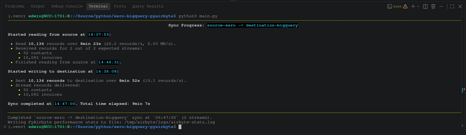 PyAirbyte sync log: 10,134 Xero records (52 contacts, 10,082 invoices) loaded to BigQuery in 9 min 7 s