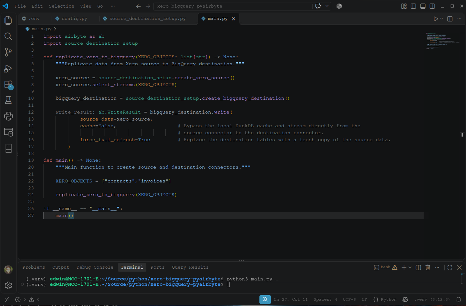 The PyAirbyte pipeline that will replicate Xero contacts and invoices to BigQuery.